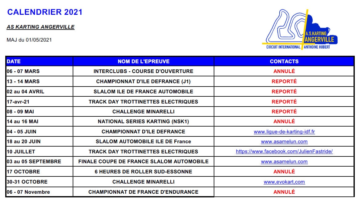 calendrier 2021 piste