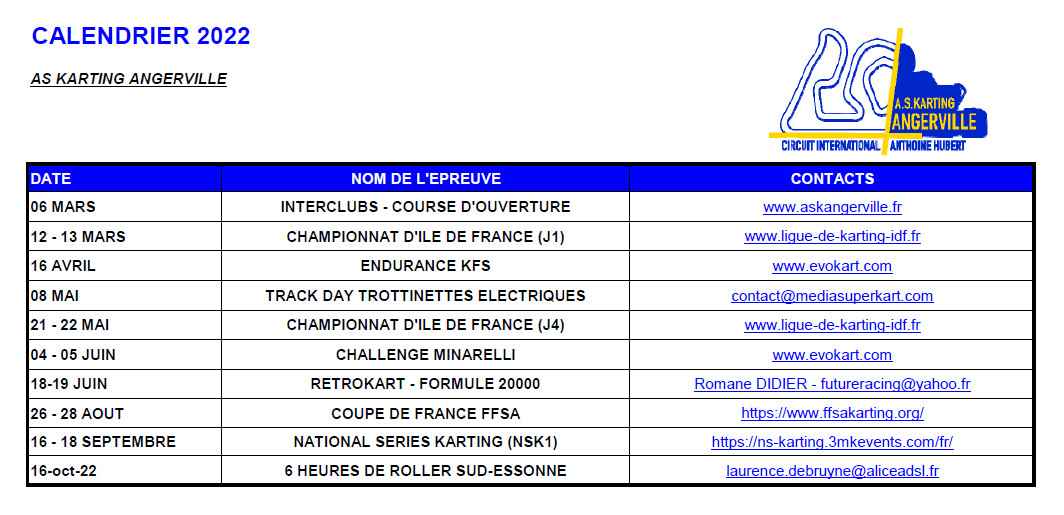 calendrier 2022 piste